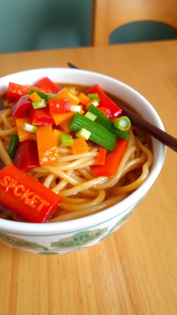 A bowl of quick noodles with mixed vegetables, garnished with green onions, on a wooden table.